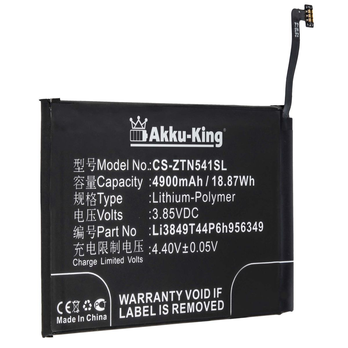 Li3849T44P6h956349 kompatibel 3.85 Volt, Akku mit AKKU-KING Li-Polymer 4900mAh Handy-Akku, ZTE