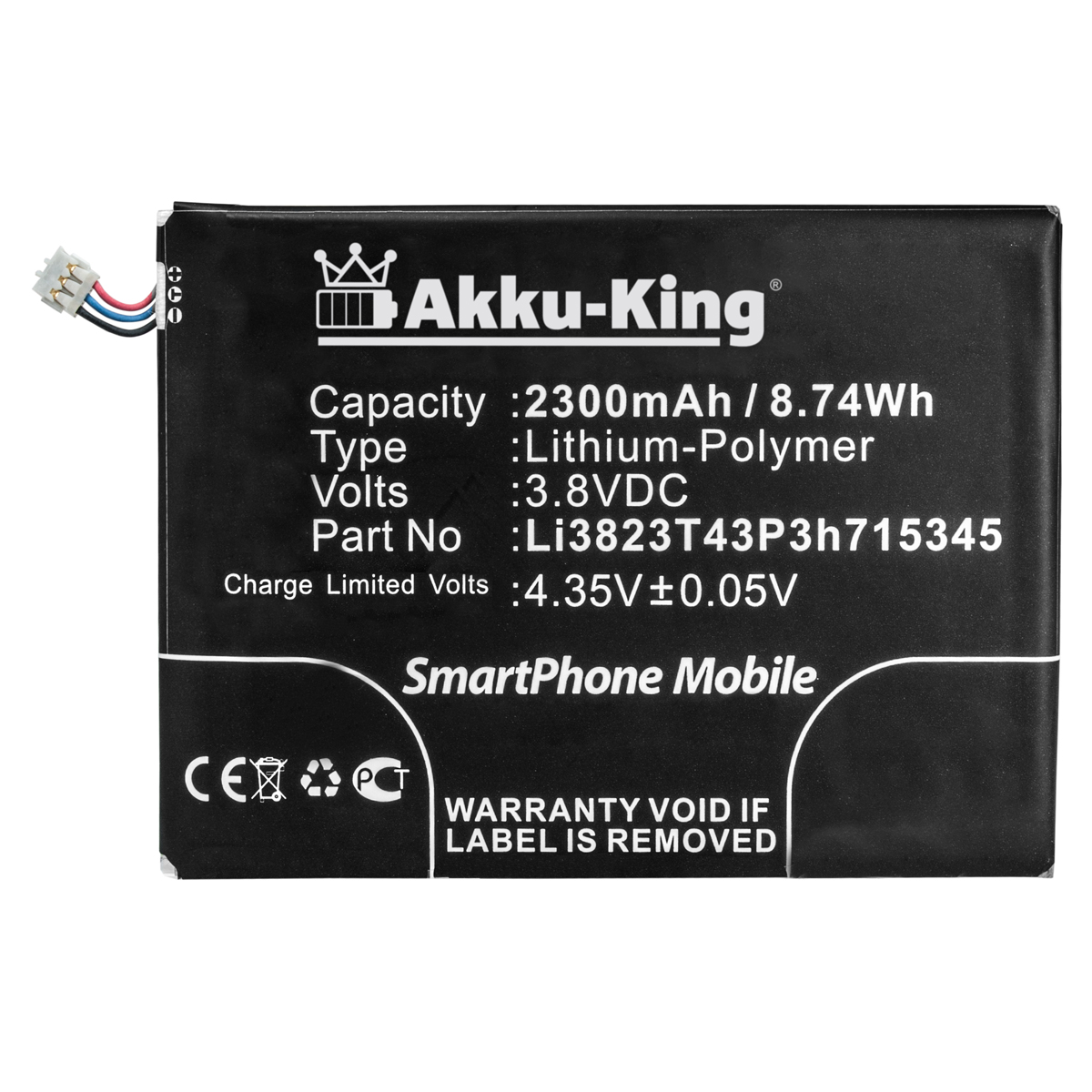 Handy-Akku, 2300mAh Akku ZTE mit Volt, kompatibel AKKU-KING LI3823T43P3H715345 Li-Polymer 3.8