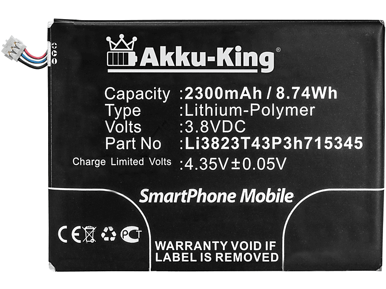 Handy-Akku, 2300mAh Akku ZTE mit Volt, kompatibel AKKU-KING LI3823T43P3H715345 Li-Polymer 3.8