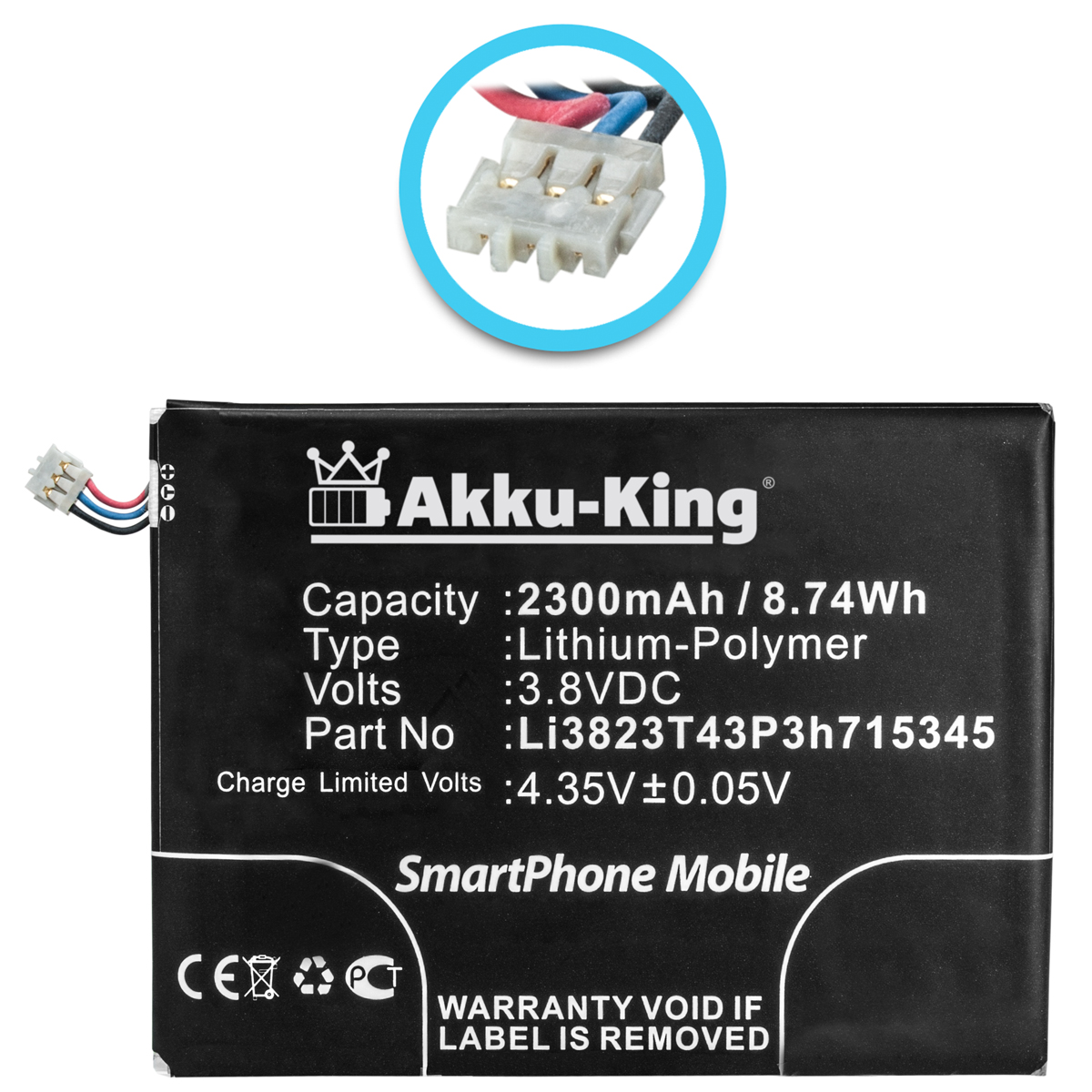 ZTE Handy-Akku, Akku Volt, 2300mAh kompatibel AKKU-KING 3.8 mit Li-Polymer LI3823T43P3H715345