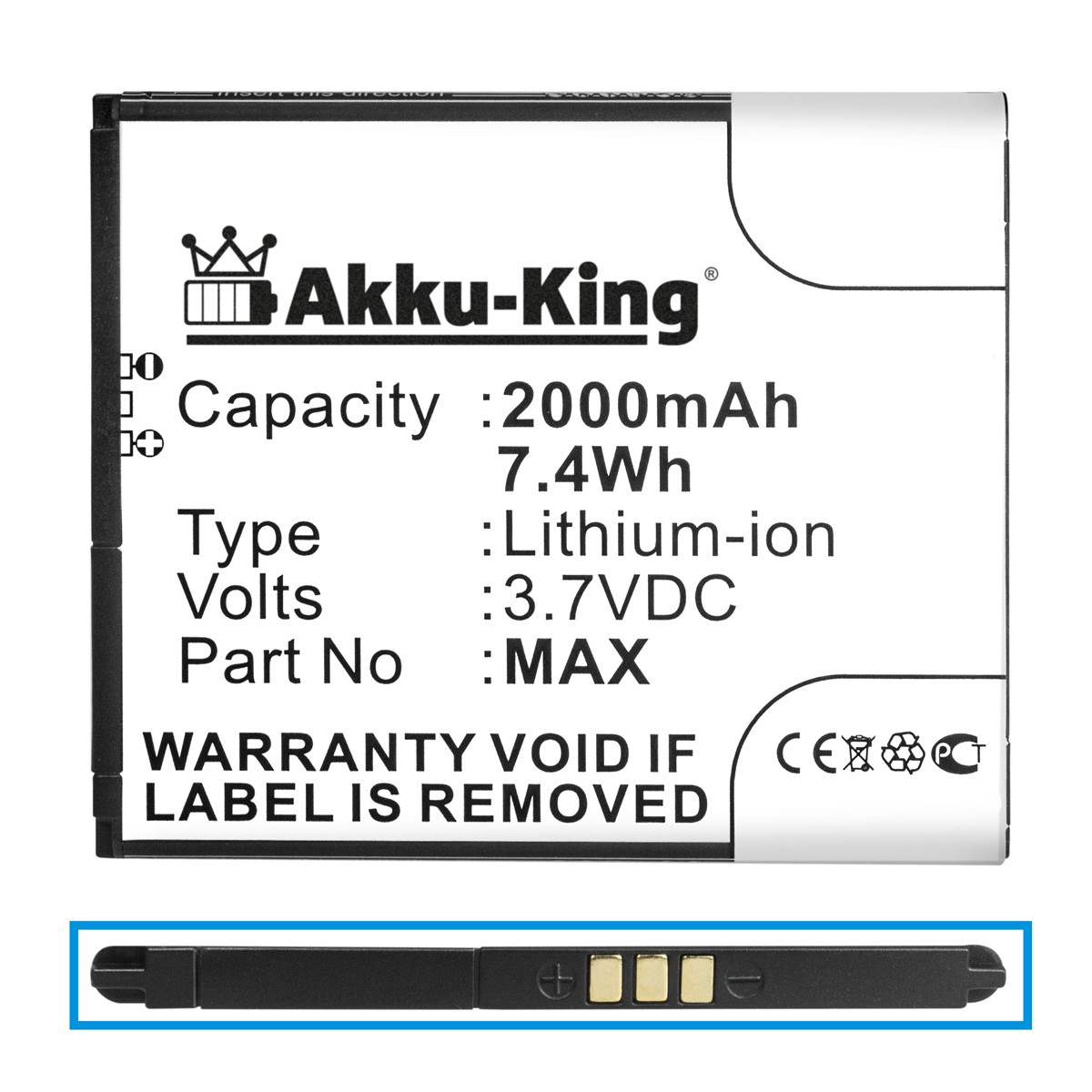 AKKU-KING Akku kompatibel mit Wiko Max 3.7 Volt, Li-Ion 2000mAh Handy-Akku