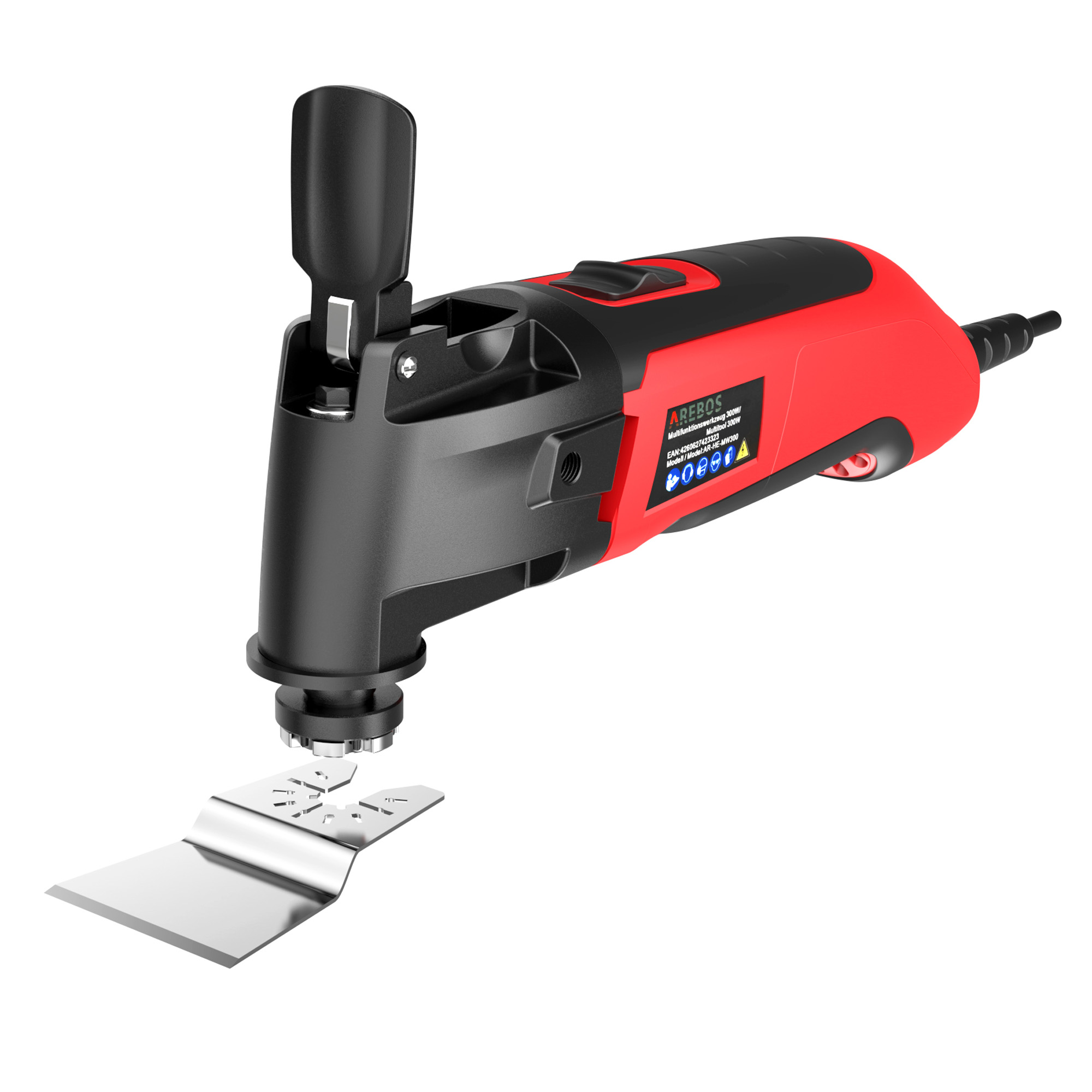 Ein rot-schwarzes Oszillier-Multitool mit montierter Klinge, isoliert auf Weiß.