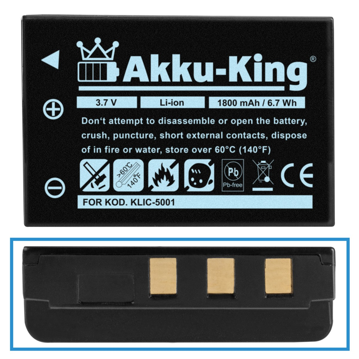 Volt, Li-Ion KLIC-5001 3.7 kompatibel 1800mAh Akku Kodak Kamera-Akku, AKKU-KING mit