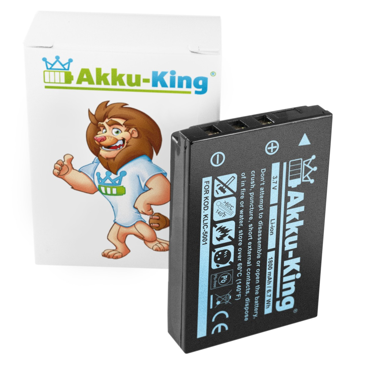 AKKU-KING Akku mit KLIC-5001 Kodak Li-Ion Kamera-Akku, 3.7 Volt, 1800mAh kompatibel