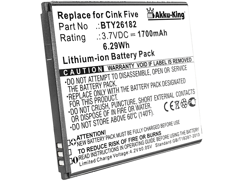 AKKU-KING Akku kompatibel mit 3.7 Volt, Li-Ion BTY26182 Handy-Akku, Wiko 1700mAh