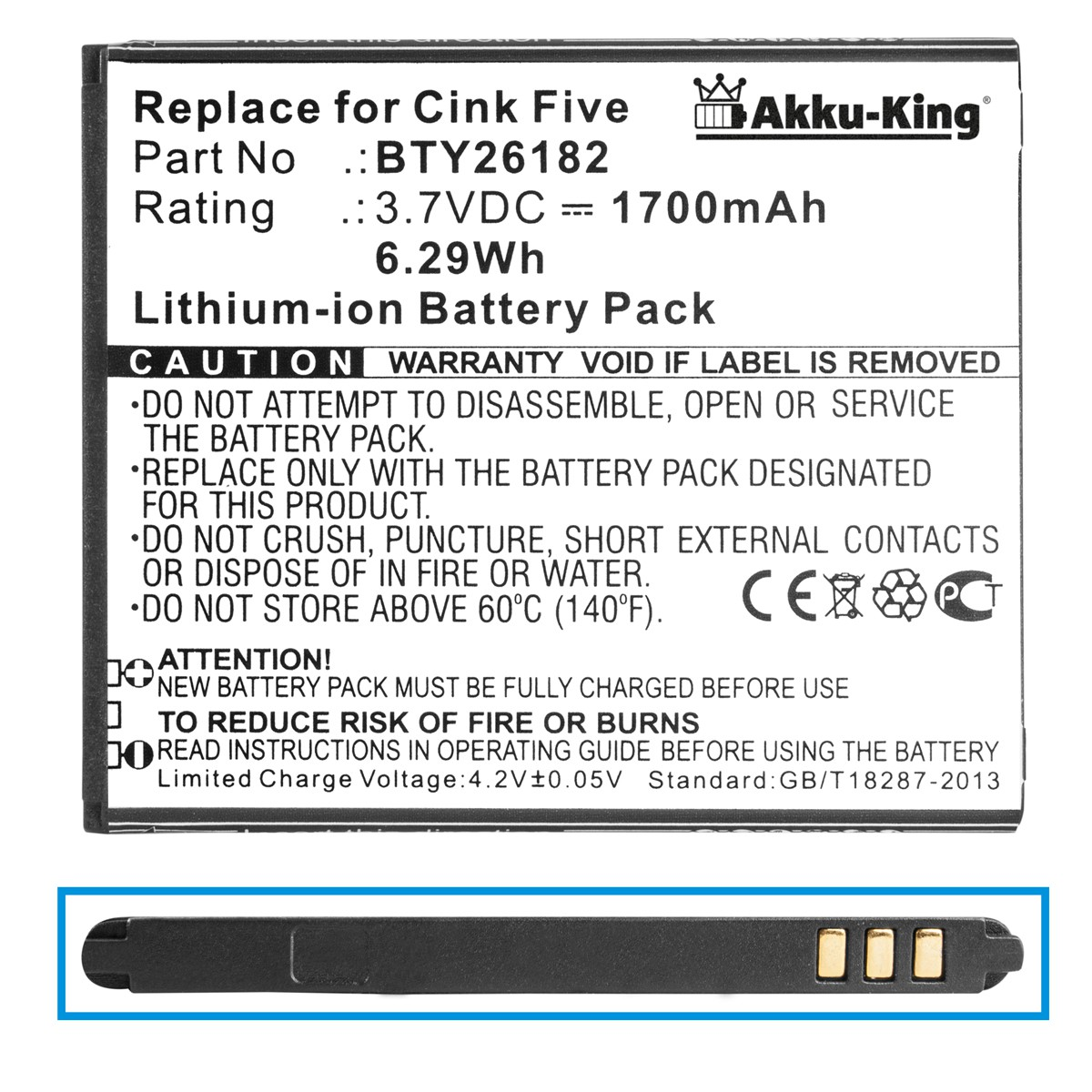 AKKU-KING Akku kompatibel mit Li-Ion Wiko Handy-Akku, BTY26182 3.7 Volt, 1700mAh