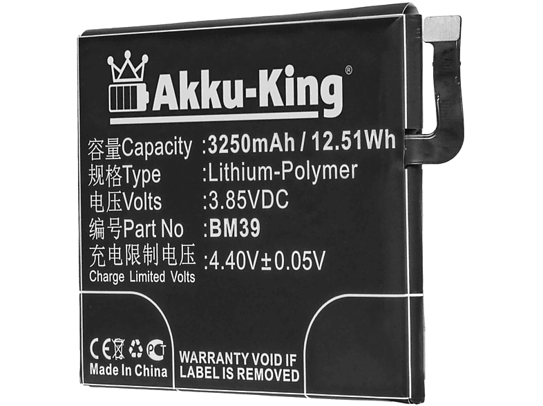 kompatibel Li-Polymer Akku 3250mAh BM39 Handy-Akku, Xiaomi AKKU-KING 3.85 Volt, mit