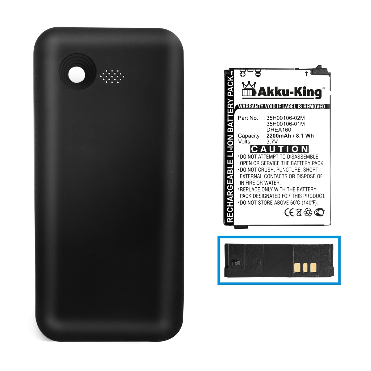 BA mit kompatibel 3.7 S370 HTC 2200mAh Volt, Akku Handy-Akku, Li-Polymer AKKU-KING mit Akkudeckel