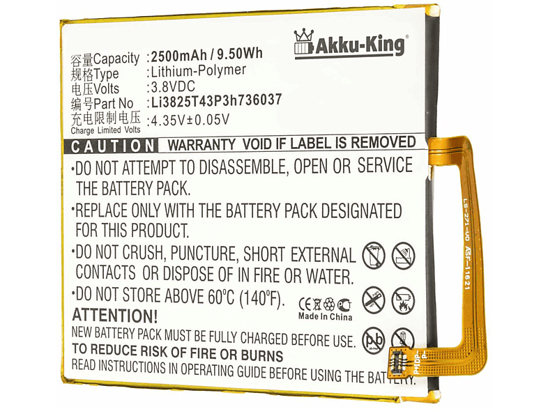 AKKU-KING Akku kompatibel mit ZTE Li3825T43P3h736037 Li-Polymer Handy-Akku, 3.8 Volt, 2500mAh