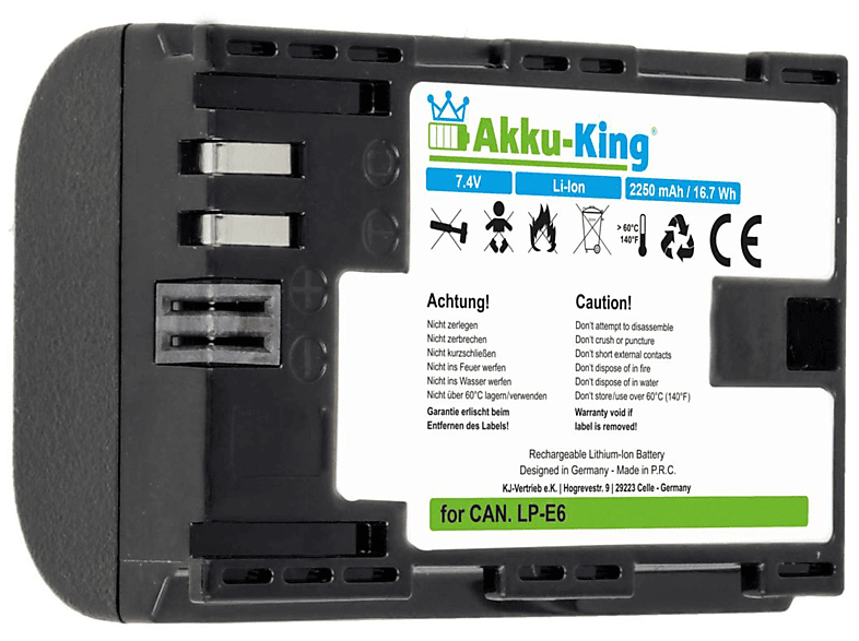 AKKU-KING Akku kompatibel mit Canon LP-E6 Li-Ion Kamera-Akku, 7.4 Volt, 2250mAh