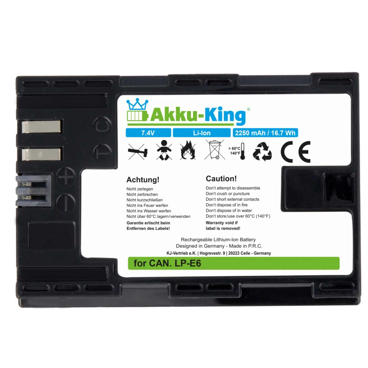 AKKU-KING Akku kompatibel mit LP-E6 2250mAh Volt, Canon 7.4 Kamera-Akku, Li-Ion