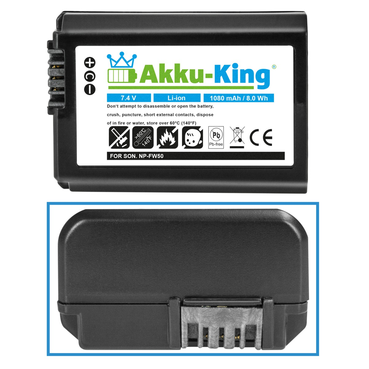 Li-Ion NP-FW50 Akku kompatibel Volt, 7.4 Sony mit Kamera-Akku, AKKU-KING 1080mAh