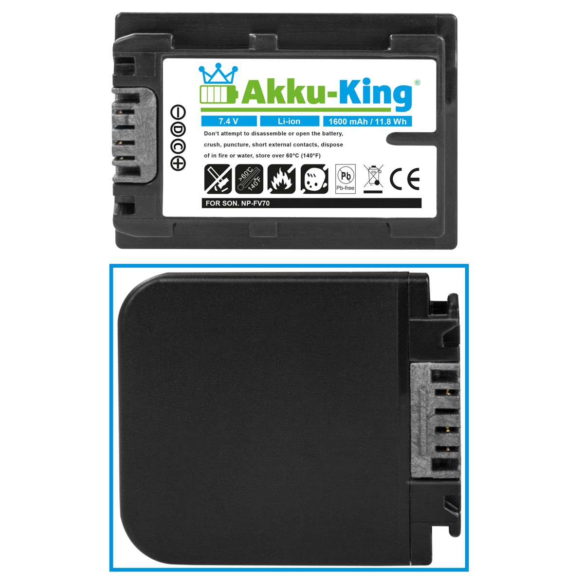 1600mAh 7.4 Volt, mit Sony kompatibel Akku AKKU-KING Li-Ion Kamera-Akku, NP-FV70