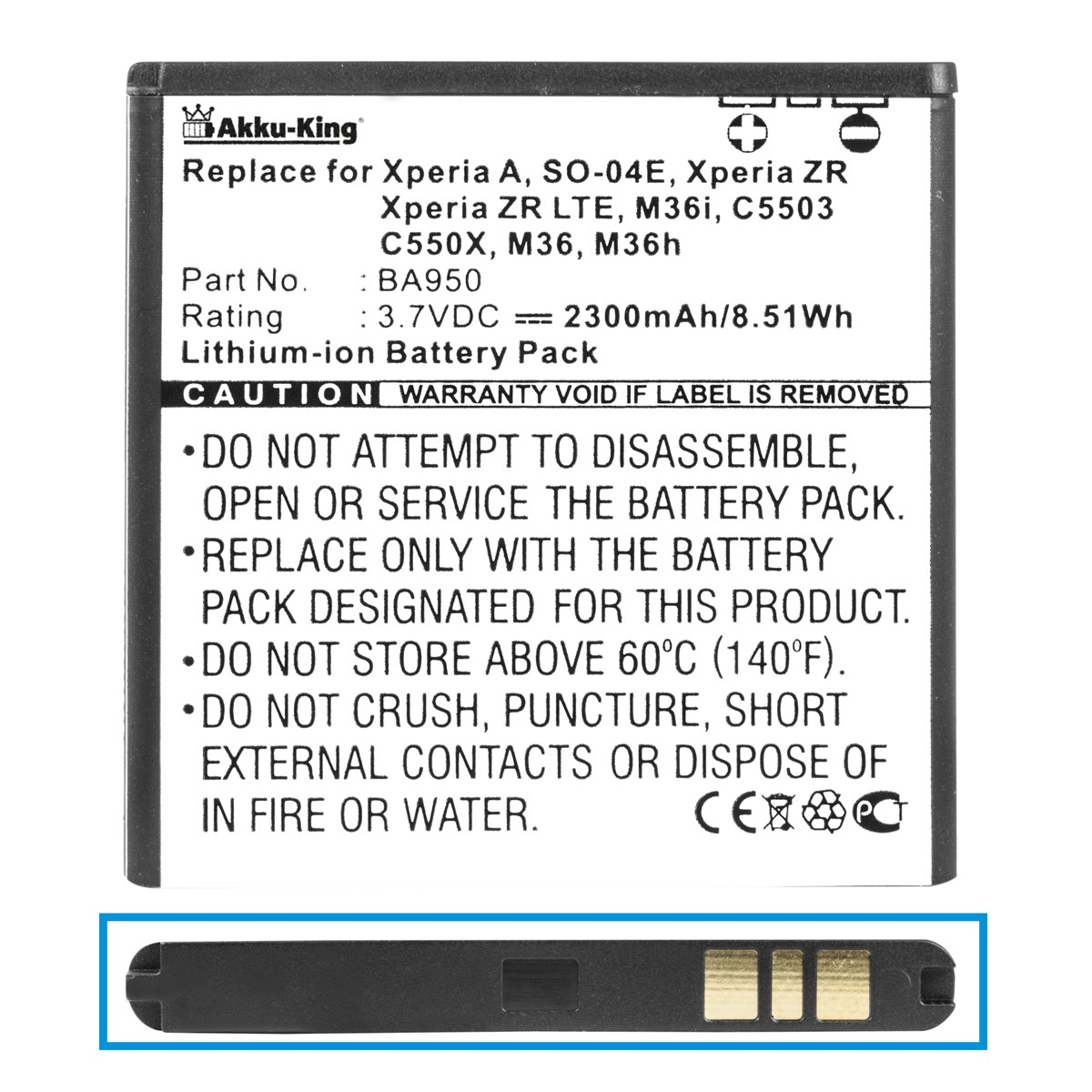 Akku kompatibel AB-0300 Sony-Ericsson Volt, 3.7 mit Handy-Akku, 2300mAh AKKU-KING Li-Ion