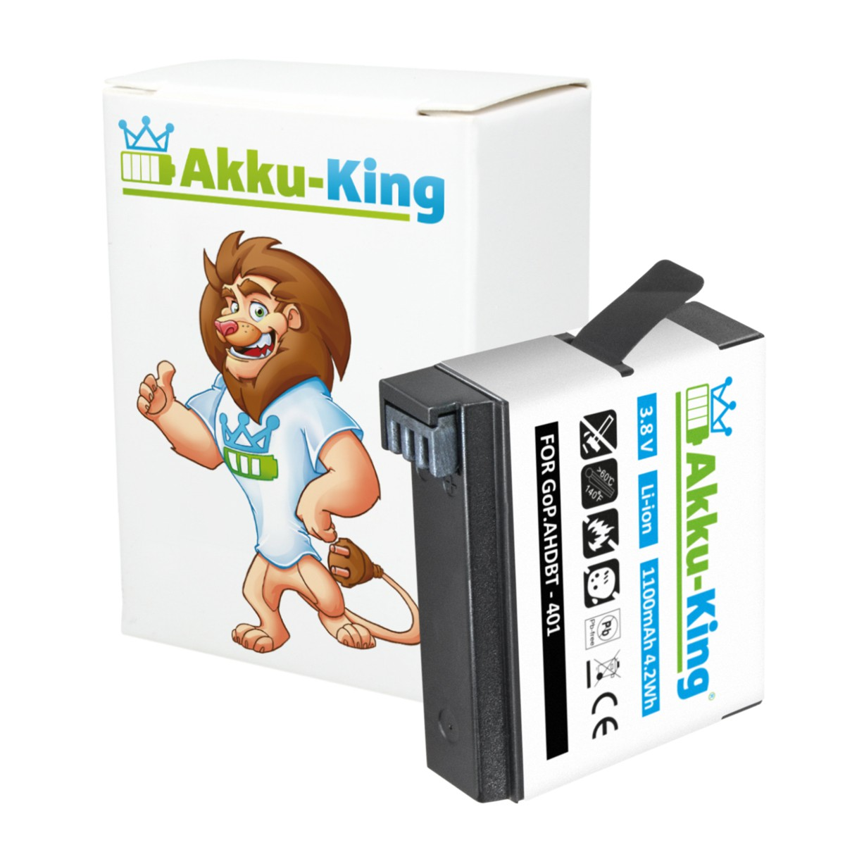 AKKU-KING Akku GoPro Volt, AHDBT-401 1100mAh mit Kamera-Akku, kompatibel 3.8 Li-Ion
