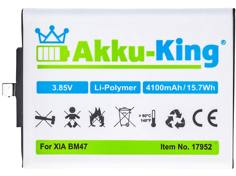 Akku BM47 kompatibel 4100mAh Volt, Li-Polymer AKKU-KING Xiaomi Handy-Akku, 3.85 mit