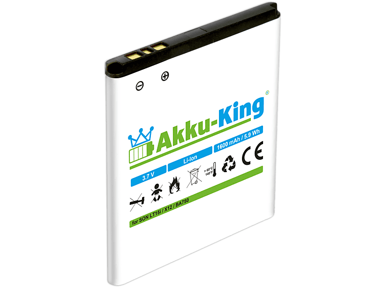 3.7 mit Volt, Akku Handy-Akku, Sony-Ericsson BA750 1600mAh kompatibel AKKU-KING Li-Ion
