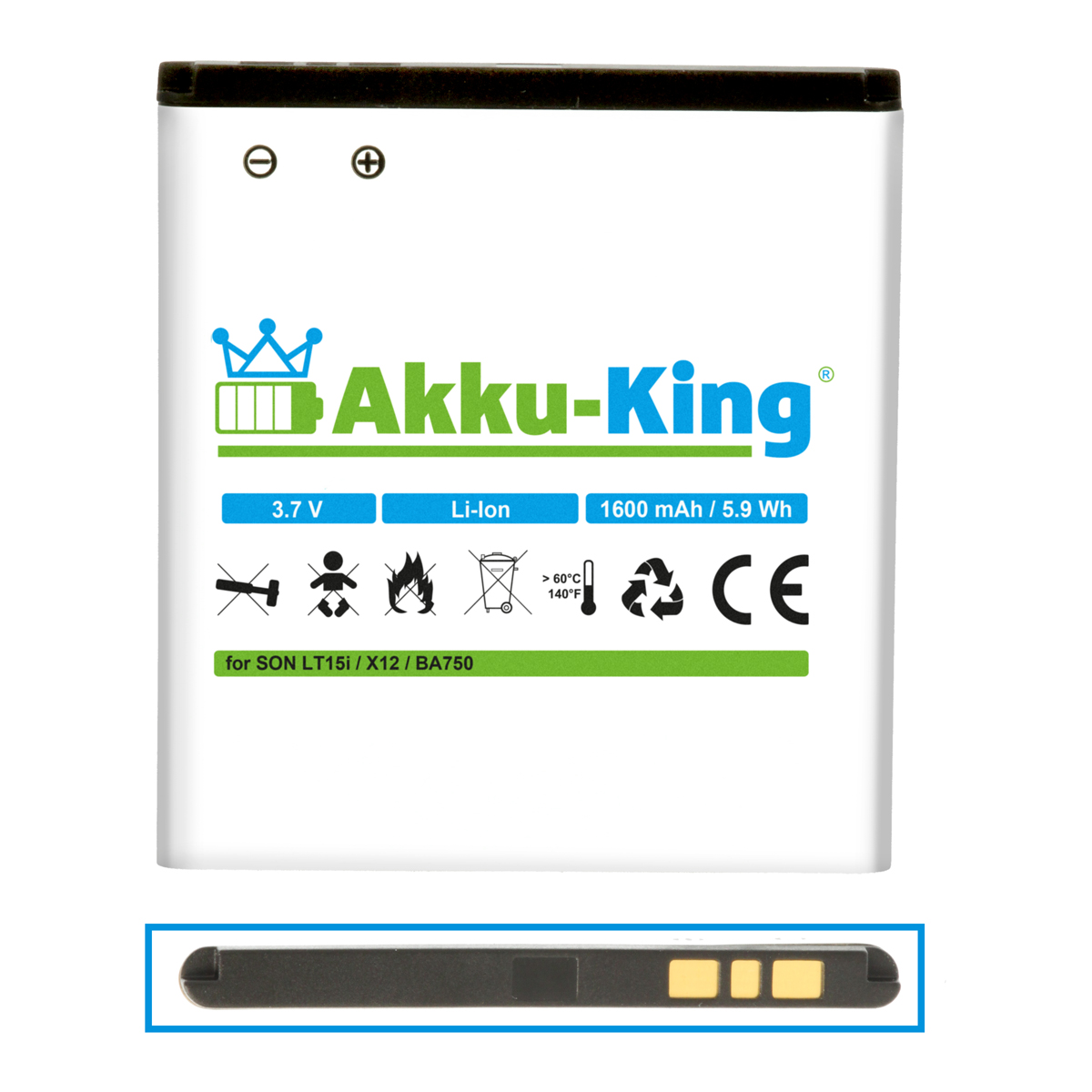 AKKU-KING Akku kompatibel mit Sony-Ericsson 3.7 Li-Ion BA750 Handy-Akku, Volt, 1600mAh