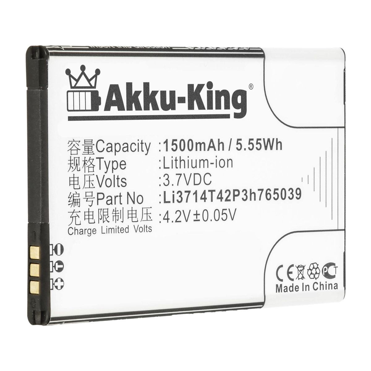 Li3714T42P3h765039 mit Li-Ion 1500mAh kompatibel Volt, Akku ZTE Handy-Akku, 3.7 AKKU-KING