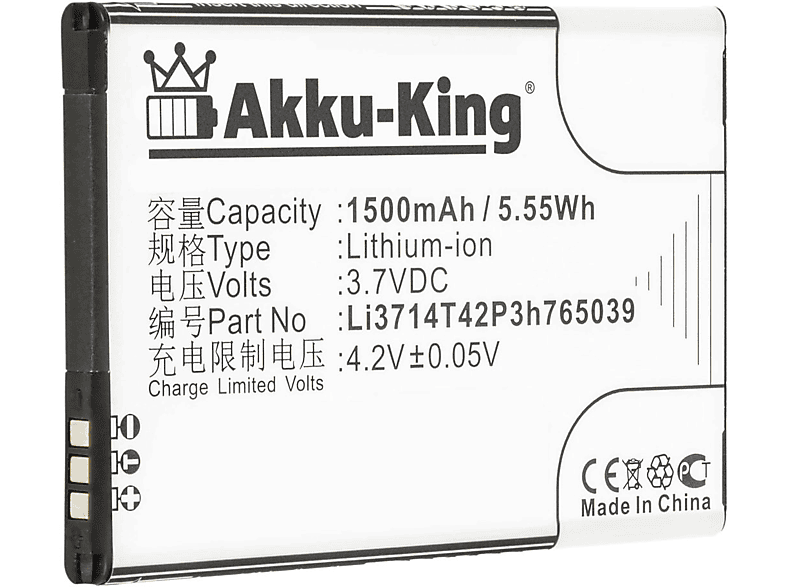 AKKU-KING Akku kompatibel mit ZTE Li3714T42P3h765039 Li-Ion Handy-Akku, 3.7 Volt, 1500mAh