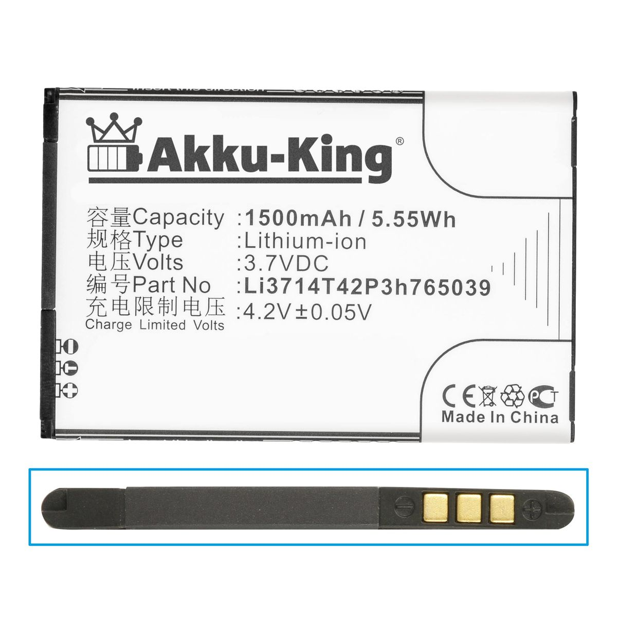 Li3714T42P3h765039 mit Volt, AKKU-KING Akku 3.7 Li-Ion ZTE Handy-Akku, 1500mAh kompatibel