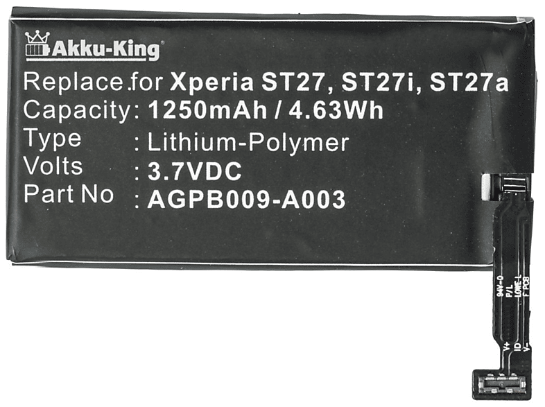 mit AKKU-KING 1250mAh Volt, Sony kompatibel AGPB009-A003 Handy-Akku, Li-Polymer Akku 3.7