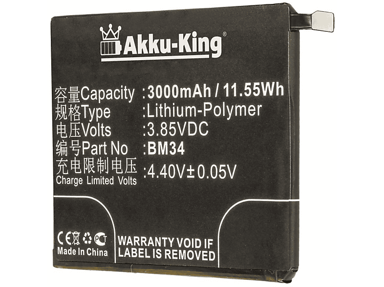 AKKU-KING Akku kompatibel mit Xiaomi BM34 Li-Polymer Handy-Akku, 3.7 Volt, 3000mAh