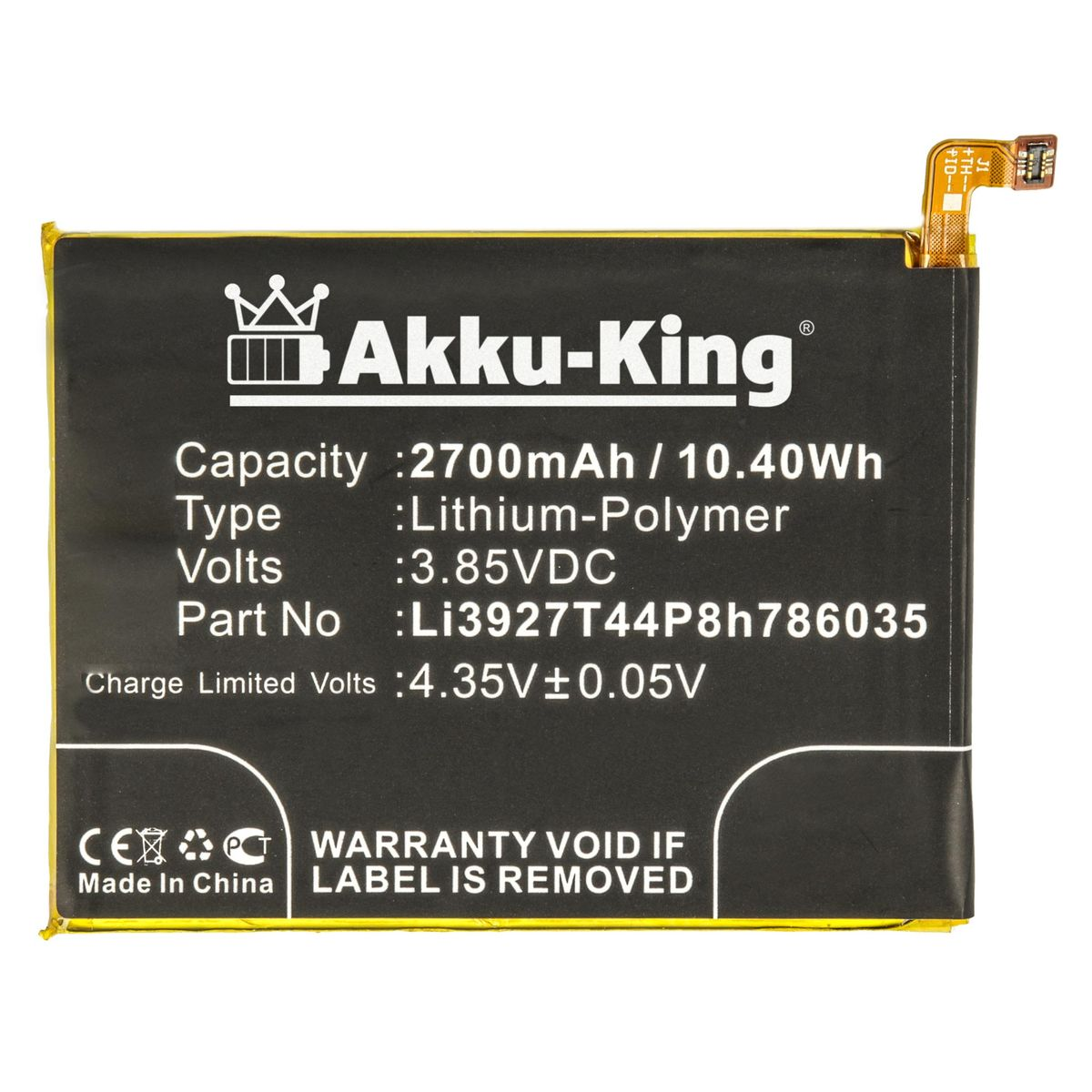 Handy-Akku, Li-Polymer 2700mAh AKKU-KING Volt, mit ZTE Akku 3.85 Li3927T44P8h786035 kompatibel