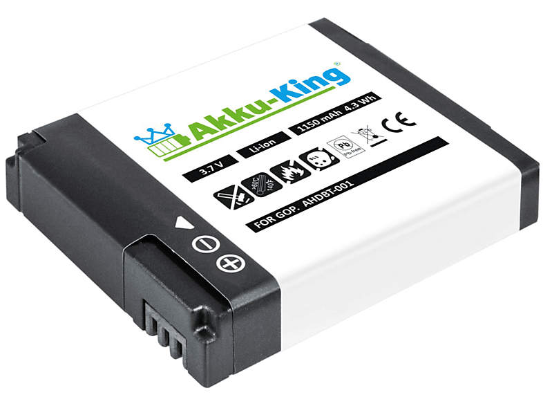 AKKU-KING Akku kompatibel mit GoPro AHDBT-001 Li-Ion Kamera-Akku, 3.7 Volt, 1150mAh