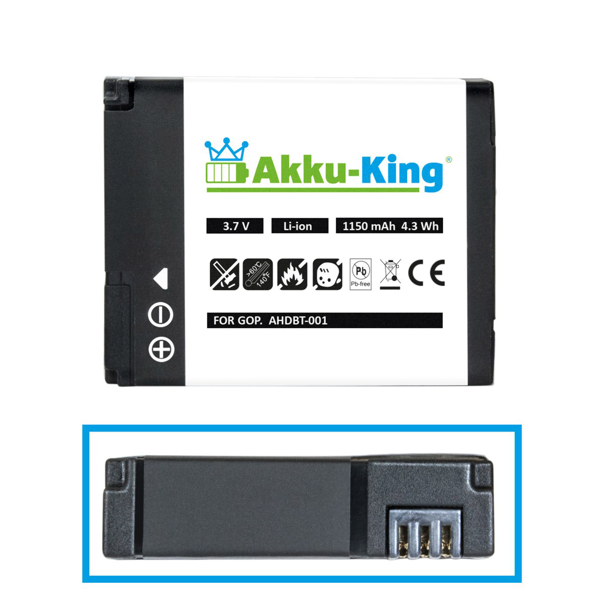 AKKU-KING Akku kompatibel Li-Ion mit 1150mAh Volt, 3.7 AHDBT-001 Kamera-Akku, GoPro