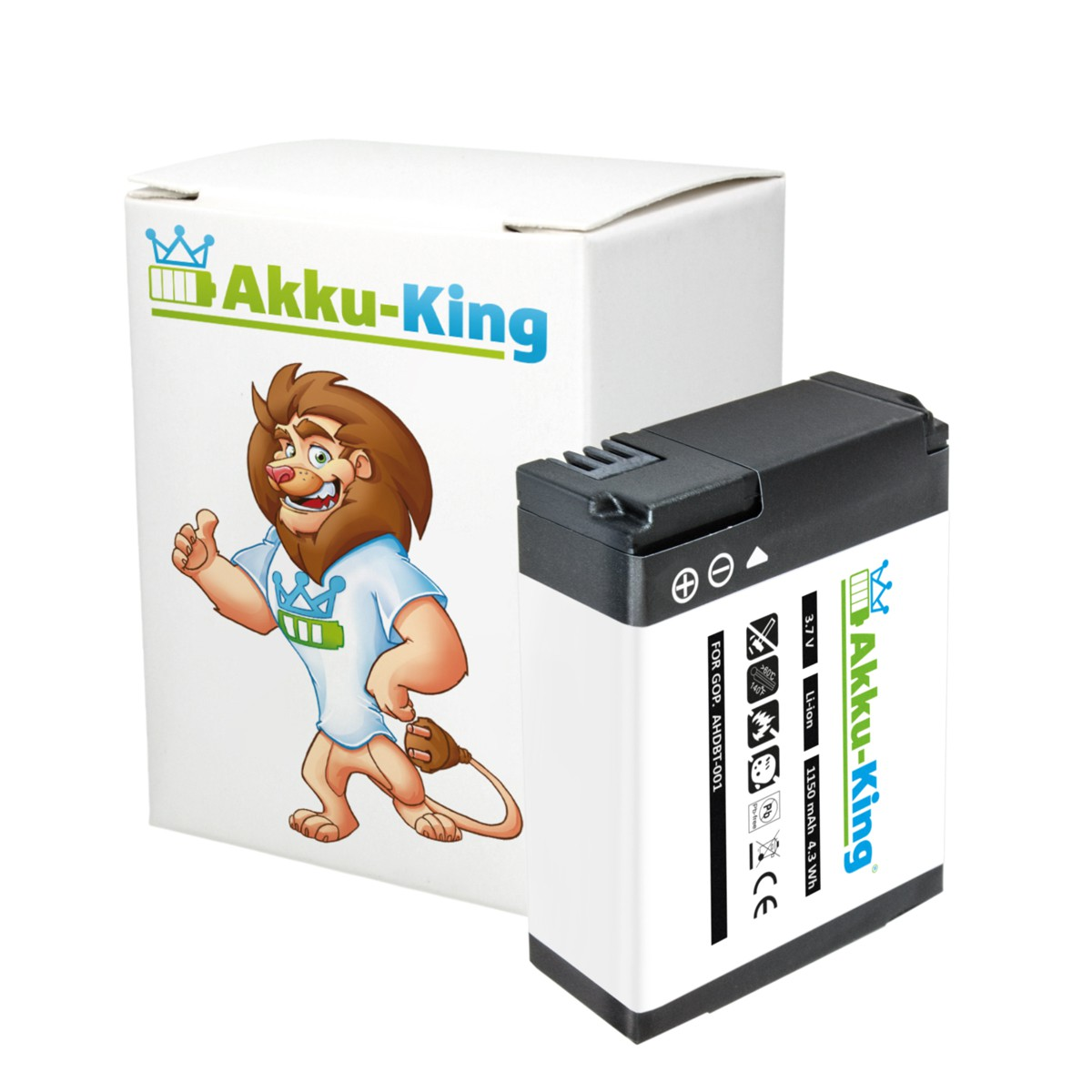 1150mAh Akku AHDBT-001 GoPro Volt, 3.7 Li-Ion Kamera-Akku, mit AKKU-KING kompatibel