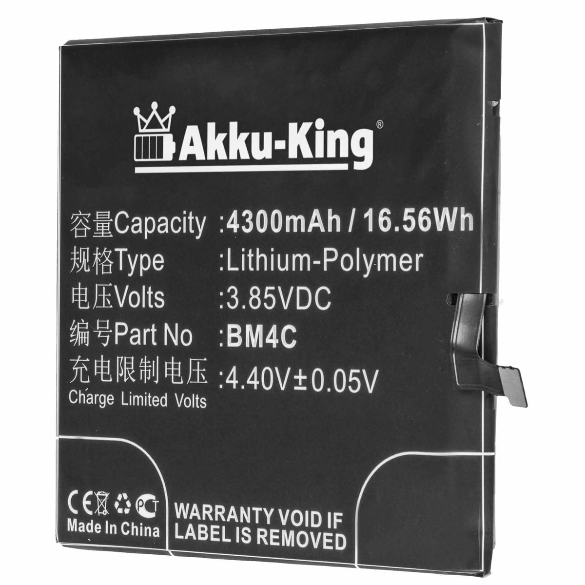 AKKU-KING Akku Xiaomi Li-Polymer BM4C kompatibel mit Handy-Akku, 3.85 Volt, 4300mAh