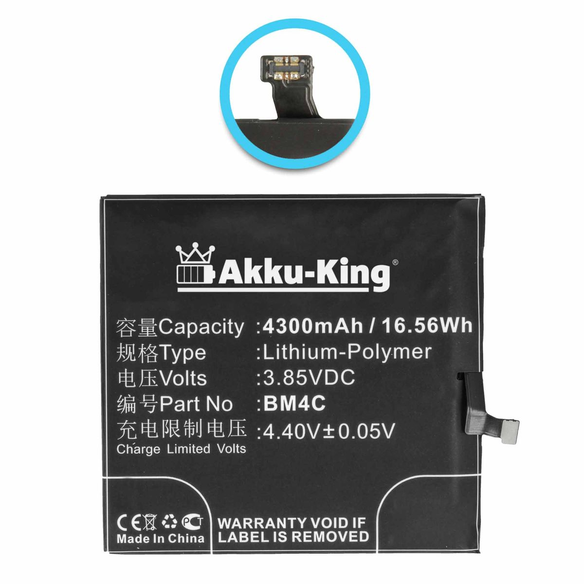 AKKU-KING Akku Xiaomi Li-Polymer BM4C kompatibel mit Handy-Akku, 3.85 Volt, 4300mAh