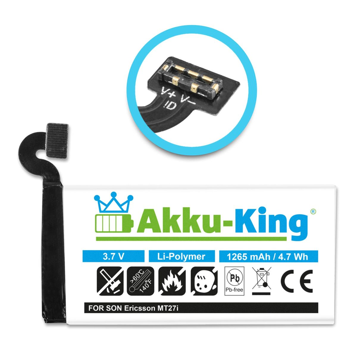 AKKU-KING Akku kompatibel mit Sony Handy-Akku, Volt, Li-Polymer 1265mAh 3.7 AGPB009-A002