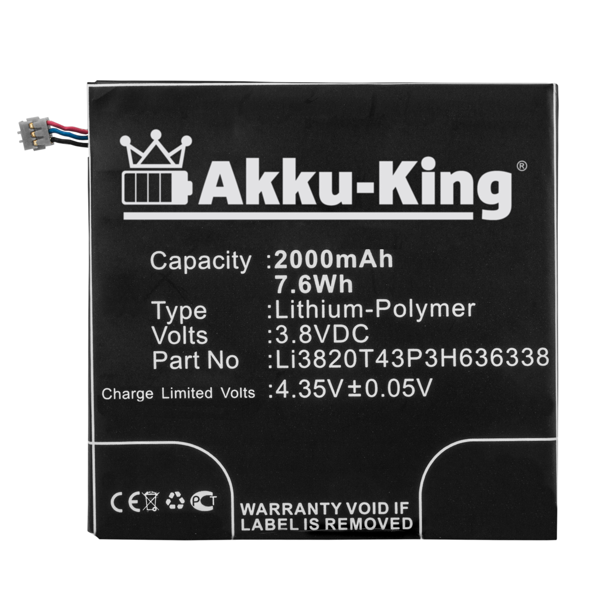 3.8 Akku Volt, Handy-Akku, 2000mAh ZTELi3820T43P3H636338 mit AKKU-KING kompatibel Li-Polymer