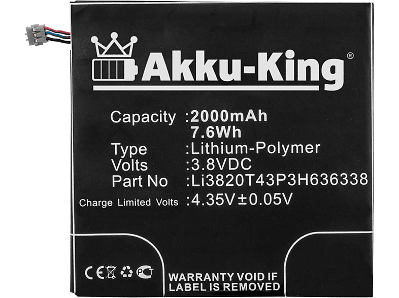 AKKU-KING Akku kompatibel mit ZTELi3820T43P3H636338 Li-Polymer Handy-Akku, 3.8 Volt, 2000mAh