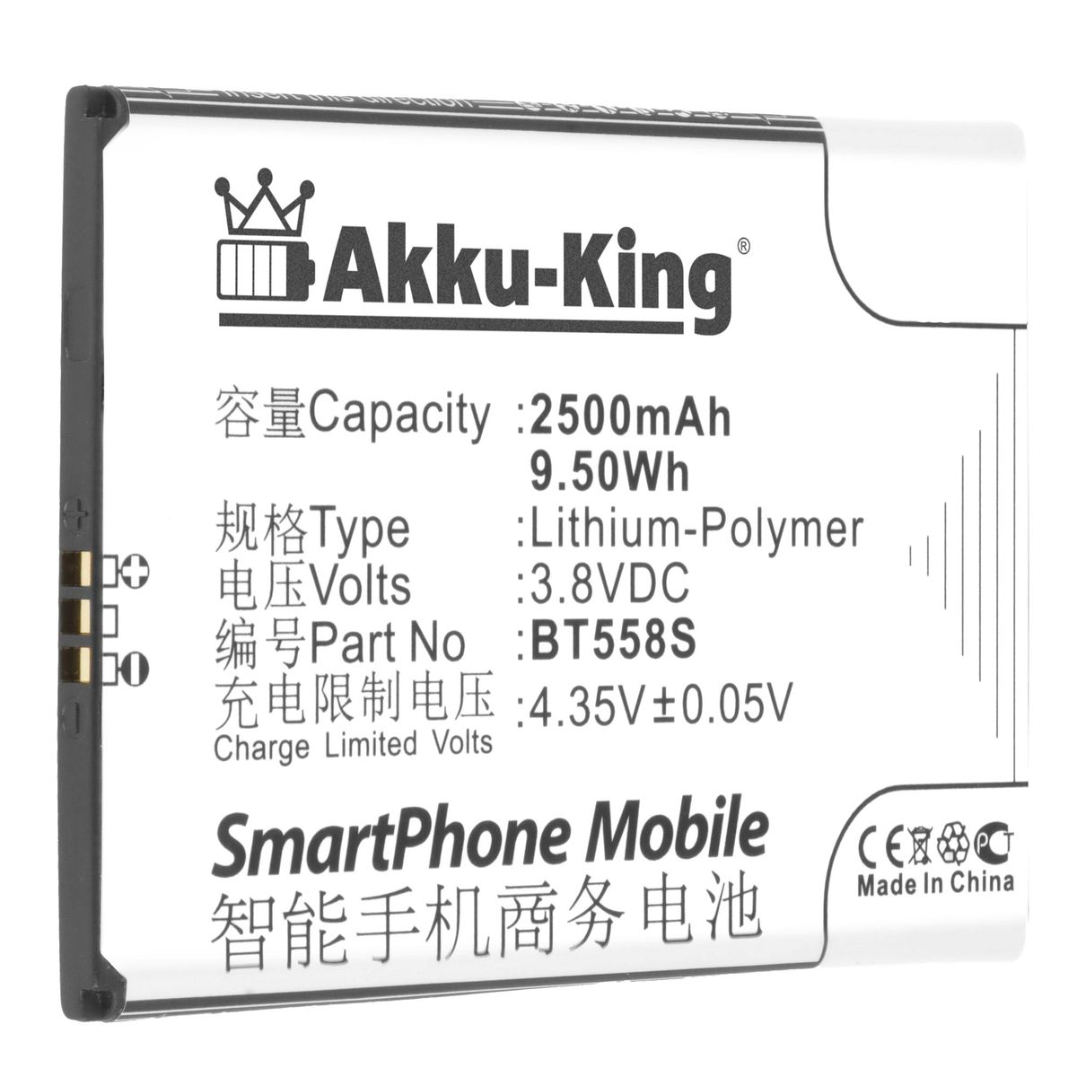 Volt, 3.8 AKKU-KING mit Handy-Akku, Akku 2500mAh Zopo Li-Polymer BT558S kompatibel
