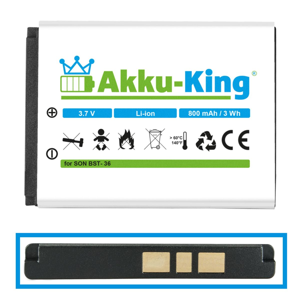 800mAh AKKU-KING Li-Ion kompatibel Sony-Ericsson mit Handy-Akku, Akku BST-36 Volt, 3.7
