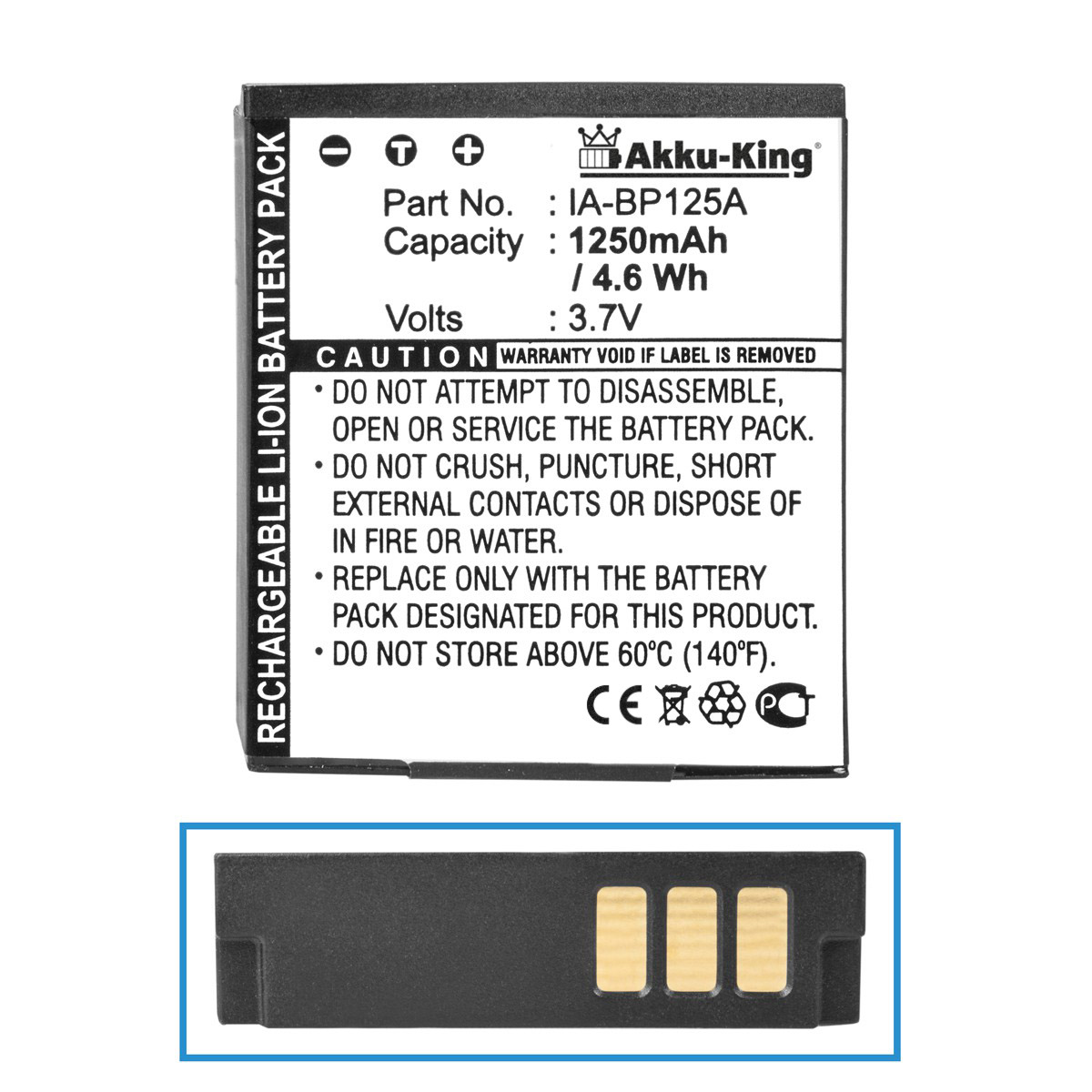 Samsung 3.7 IA-BP125A Akku Volt, Li-Ion mit Kamera-Akku, AKKU-KING kompatibel 1250mAh