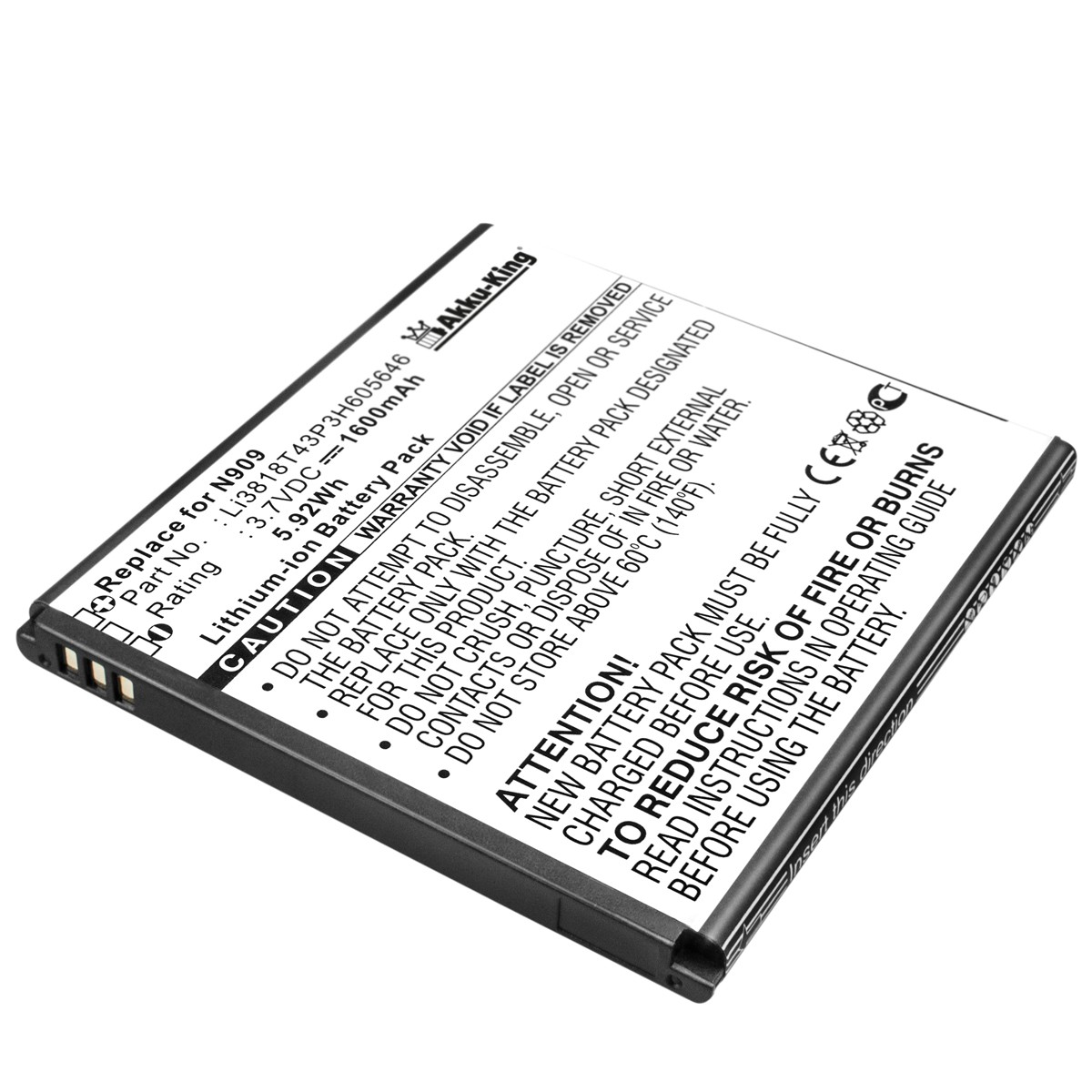 AKKU-KING Akku Handy-Akku, 3.7 kompatibel mit 1600mAh Li-Ion Li3818T43P3H605646 Volt, ZTE