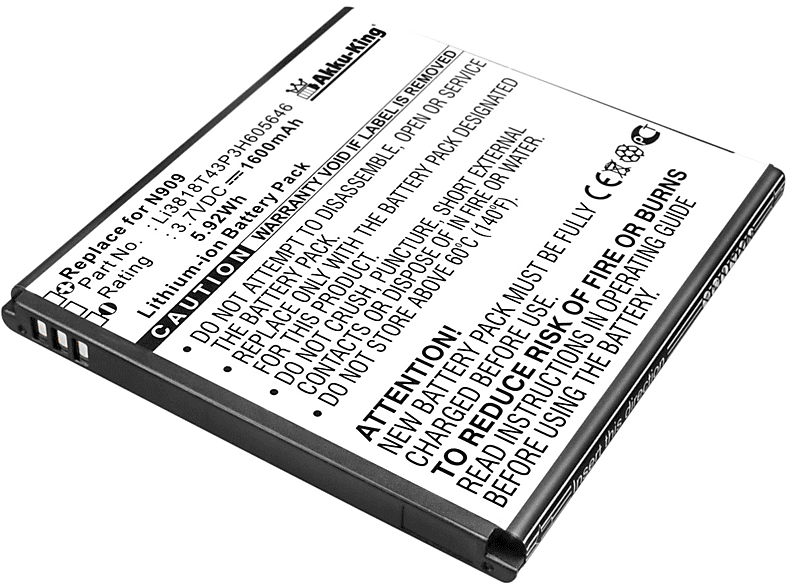 Akku kompatibel Volt, Handy-Akku, ZTE mit 3.7 Li-Ion AKKU-KING Li3818T43P3H605646 1600mAh