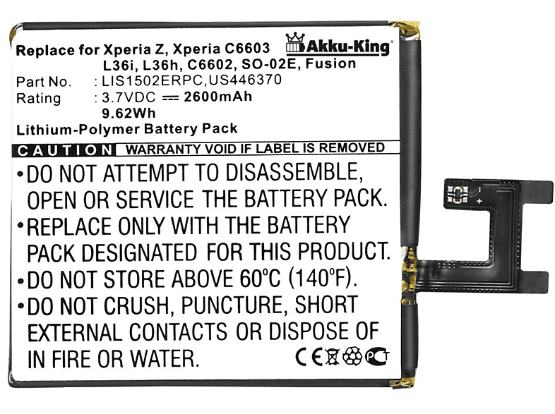 AKKU-KING Akku mit 3.7 Sony LIS1502ERPC Volt, Handy-Akku, Li-Polymer kompatibel 2600mAh