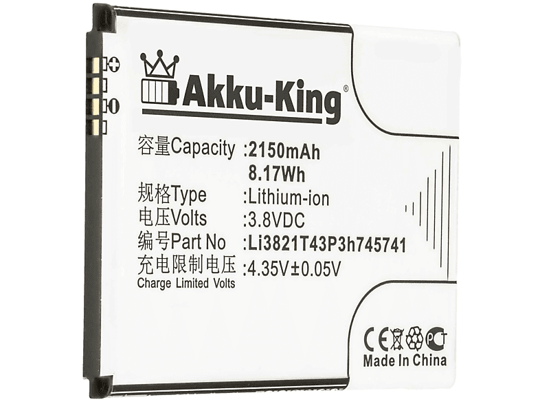 AKKU-KING Akku kompatibel mit Li3821T43P3h745741 Li-Ion ZTE 2150mAh Handy-Akku, Volt, 3.8