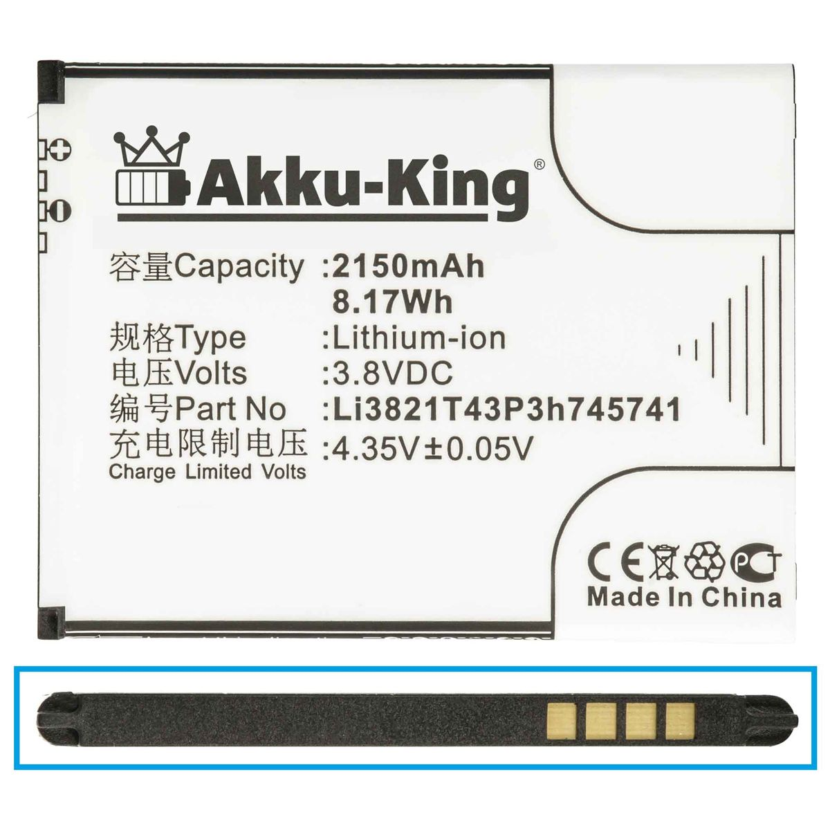 AKKU-KING Akku kompatibel mit Li3821T43P3h745741 Li-Ion ZTE 2150mAh Handy-Akku, Volt, 3.8