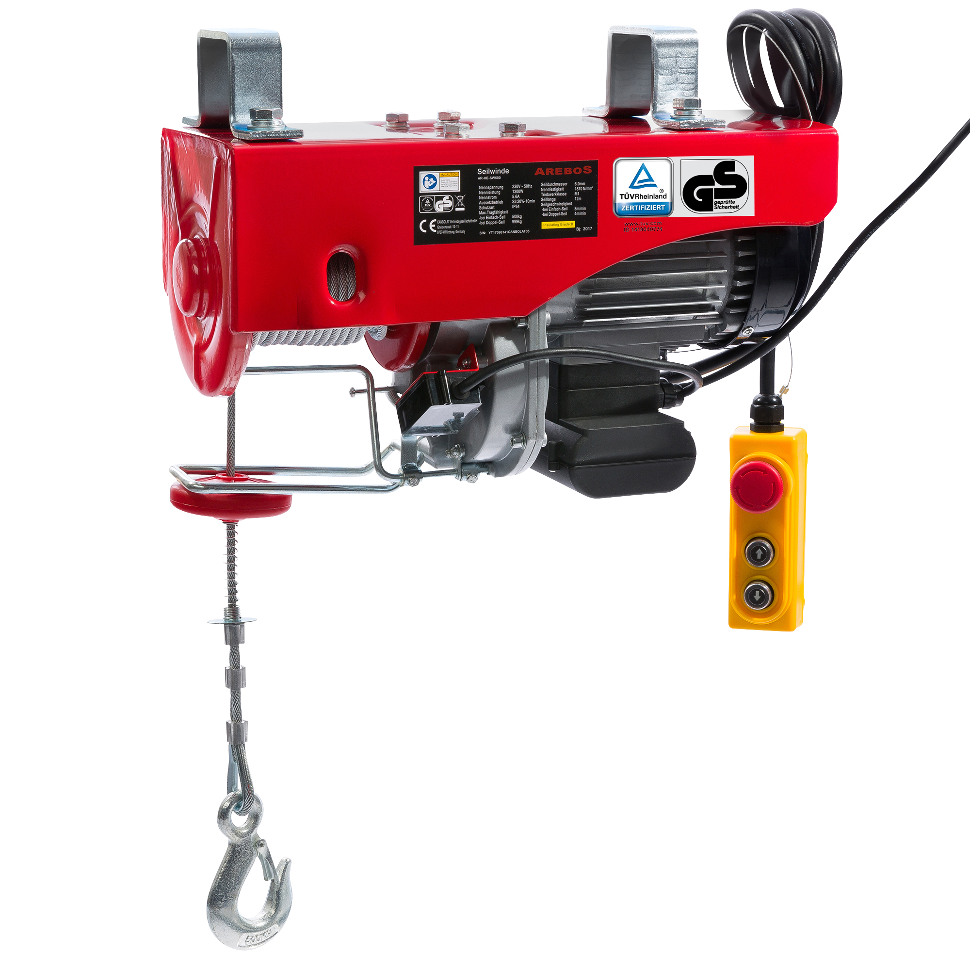 Ein roter Elektro-Hebezug mit Bedienfeld und Haken, hängend von einer Metallstruktur.