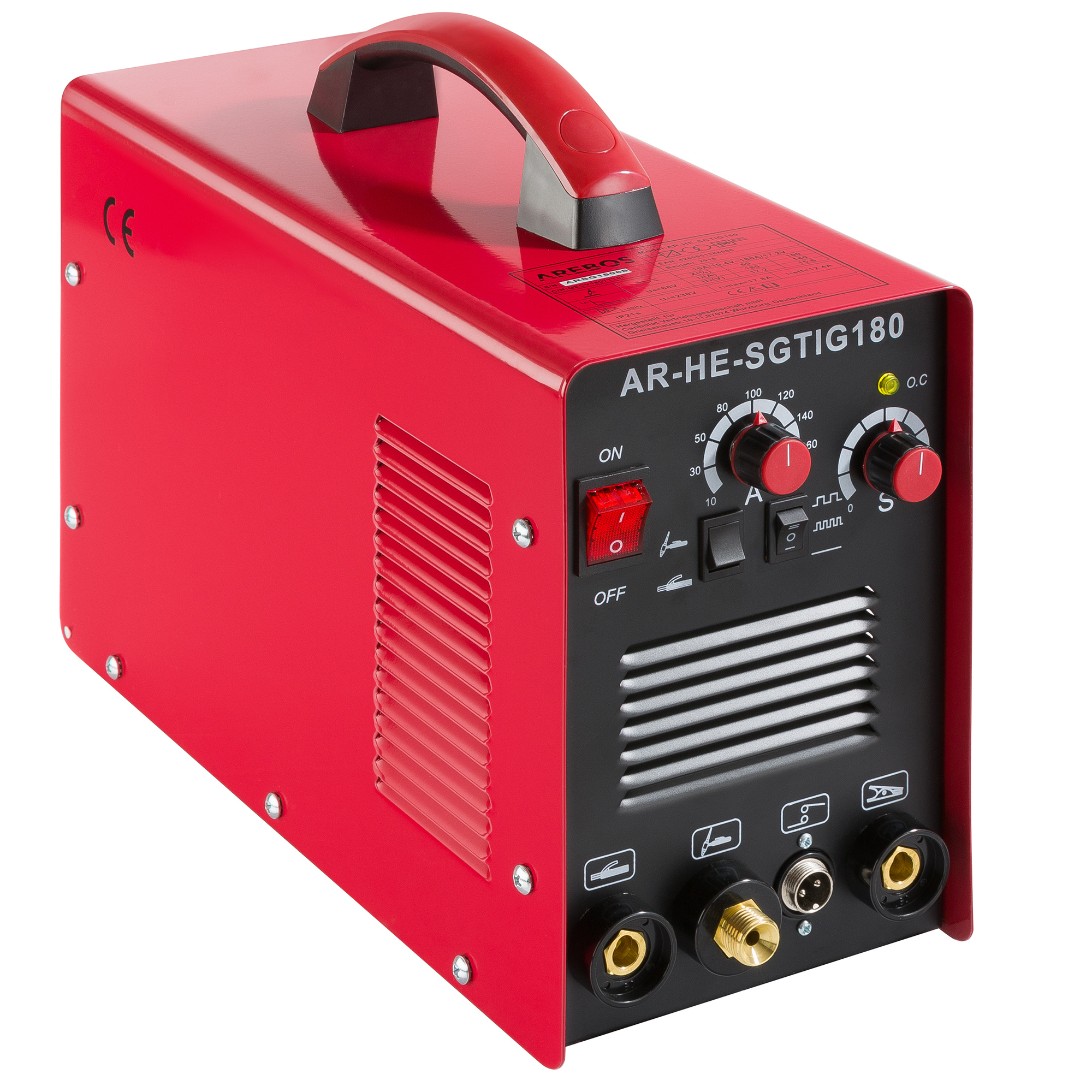 Eine rote Schweißmaschine mit Bedienelementen und einem Griff.