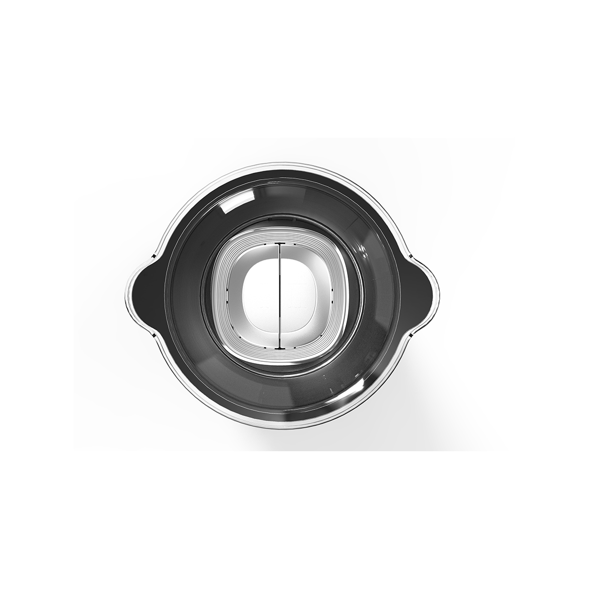 Vista cenital de un electrodoméstico de cocina negro y plateado con diseño ovalado.