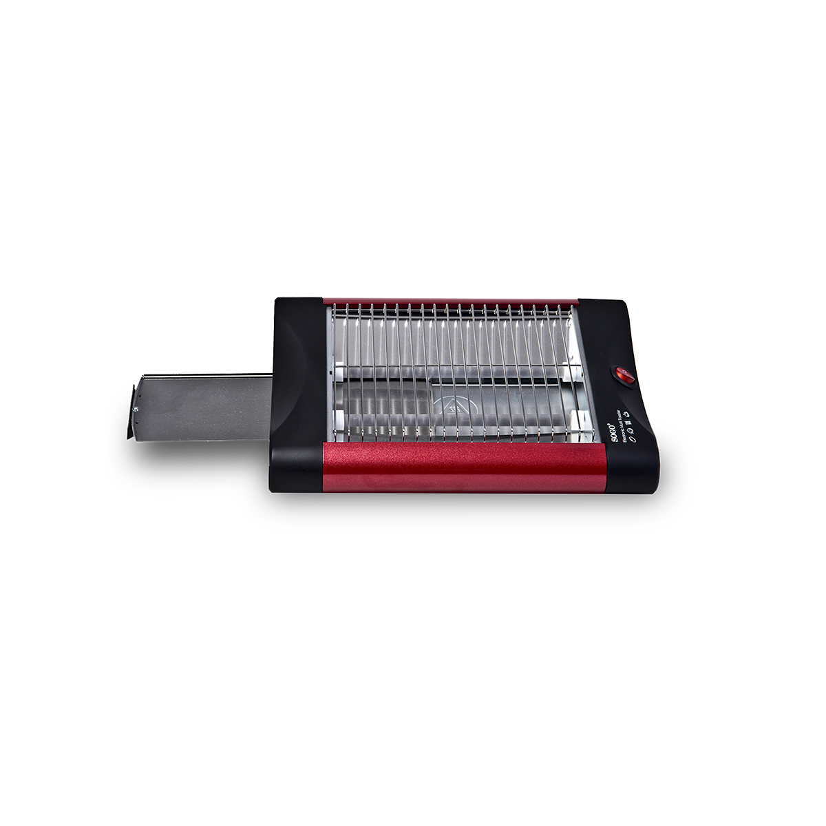 Un termoventilatore elettrico rosso e nero. Ha una griglia argentata e una maniglia nera.