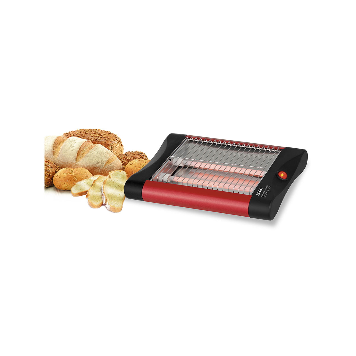 Tostapane rosso e nero con fette di pane e pagnotte. Sfondo bianco.