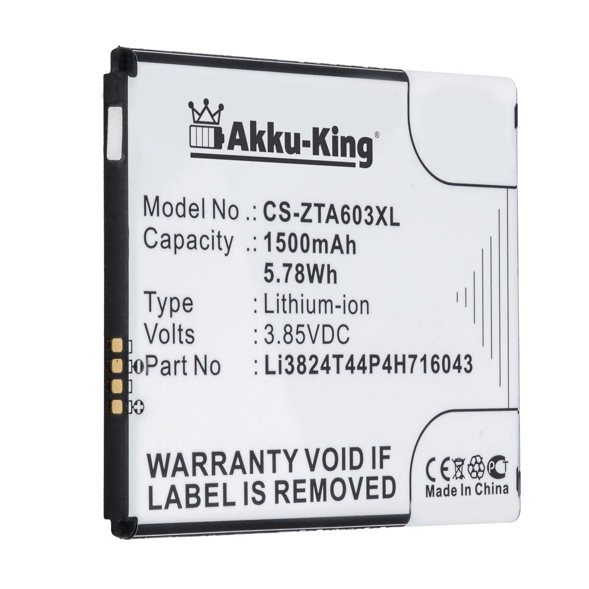 AKKU-KING Akku kompatibel mit Li-Ion Volt, Handy-Akku, 3.85 Li3824T44P4H716043 ZTE 1500mAh